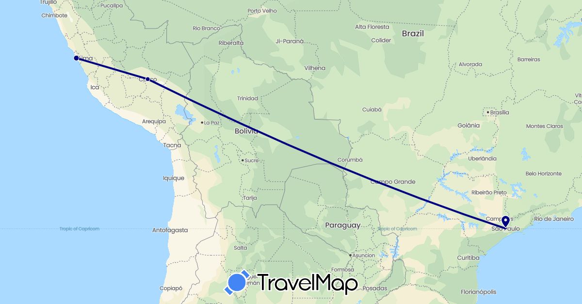 TravelMap itinerary: driving in Brazil, Peru (South America)